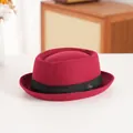 Vintage wine red wool felt pork pie hat with black ribbon and metallic emblem detail - 58cm / Crown Style / Burgundy