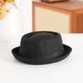 Classic black wool pork pie hat with round crown and curled brim for men and women - Plain Style / Black