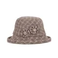 Cappello a secchiello in lana marrone a quadri con dettagli floreali e cristalli - M (56-58cm) / Scozzese Cachi