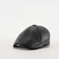 Classic black leather flat cap for men with high quality natural grain finish and seam detail - M (56-58cm) / Black With Button