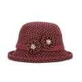 Cappello cloche vintage in lana da donna con motivo pied de poule rosso e fiori decorativi - M (56-58cm) / Borgogna