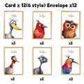 Flat lay of 12 watercolor birthday cards featuring 6 unique hand-drawn bird designs - Mixed Birds Style (QT1367-3) / 12 Sheets