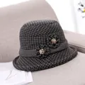 Women's warm wool cloche hat in dark grey checkered pattern with floral rhinestone detail - M (56-58cm) / Black