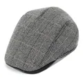 Klassieke grijze visgraat flat cap met roze ruitpatroon en zwarte lederen klep - Grijs