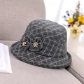 Deep grey checkered woolen bucket hat with side flower decor and gold center button - M (56-58cm) / Plaid Gray