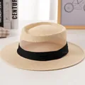 Beige straw boater hat with breathable mesh design and black ribbon trim for sun protection - Pleated Band Style / Off White