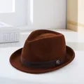 Classic brown wool felt fedora hat with grosgrain ribbon and metal badge detail - 60CM / Coffee
