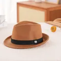 Classic warm brown wool fedora with black grosgrain ribbon and silver emblem detail - M / 56-58cm / Dark Khaki