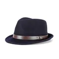 Dark blue wool felt fedora with brown leather band and golden M metal charm - Navy Blue