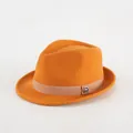 Men's wool short brim fedora hat in vibrant orange with khaki grosgrain ribbon trim - 60CM / Turmeric