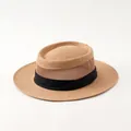 Light khaki wide brim straw hat with breathable mesh crown and black ribbon trim - Pleated Band Style / Khaki