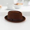 Classic dark coffee wool pork pie hat featuring a stylish satin band and metal logo detail - 60CM / Coffee