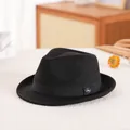 Elegant black wool fedora hat with matching ribbon and silver metal emblem - M / 56-58cm / Black