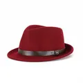 Deep red wool fedora hat with brown leather band and silver M emblem - Burgundy