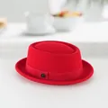 Classic red wool pork pie hat with matching ribbon and modern hexagonal metal plate - 60CM / Red