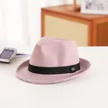 Pink fedora wool hat for women with black ribbon band and gold metal emblem - Pink (7#)