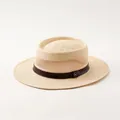Cappello di paglia beige a tesa larga con fascia in pelle marrone e dettaglio logo M - M (57-58cm) / Stile Fascia Pelle con Distintivo M / Bianco Beige Con Logo M