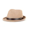 Camel wool fedora hat with brown leather band and gold M letter metal buckle - Mixed Camel
