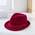 Men's wool fedora hat in burgundy with grosgrain ribbon and hexagonal metal buckle - Burgundy