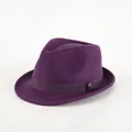 Classic dark purple wool fedora hat featuring a grosgrain ribbon and silver metal logo - Purple