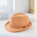 Classic camel wool fedora hat with a ribbed band and hexagonal metal logo accent - Khaki