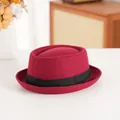 Vintage burgundy wool pork pie hat with black ribbon band for autumn and winter - Plain Style / Burgundy