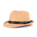 Classic camel wool fedora hat with a black leather band and gold M logo detail - Khaki With Black Belt
