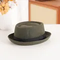 Vintage dark green wool pork pie hat with black ribbon band and curled brim - Plain Style / Olive Green