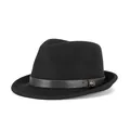 Black wool fedora hat with a rolled brim and gold M metal logo on a leather band - Black With Black Belt