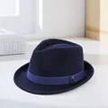Men's wool fedora hat in navy blue with a decorative ribbon and metallic logo - Navy Blue
