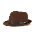 Dark brown wool felt fedora hat with black leather band and gold M logo button - Coffee With Black Belt