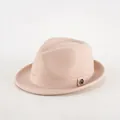 Elegant men's wool felt fedora hat in light pink with matching ribbon and metal logo - Off White