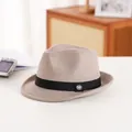 Classic khaki wool fedora hat with black ribbon band and metallic detail for men and women - Milk Coffee (1#)