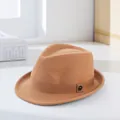 Camel pure wool fedora for men with rolled brim and ribbon detailing in outdoor style - Dark Khaki