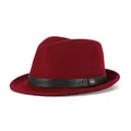Elegant wine red wool fedora hat with black leather band and gold M logo buckle - Wine Red With Black Belt