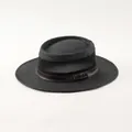 Cappello da sole in paglia grigio scuro a tesa larga con rete e cinturino in pelle - M (57-58cm) / Stile Fascia Pelle con Goffratura LHASA / Nero con Distintivo LHASA
