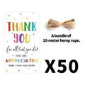 50 etichette di ringraziamento colorate con corda in canapa 10m per pacchetti regalo - Set di Etichette Thank You (QT1417)