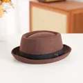 Vintage wool pork pie hat in coffee brown with black decorative band and metal logo - 58cm / Letter Style (FYW) / Coffee