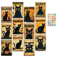 Detailed set of 11 Halloween black cat postcards with vintage orange illustrations and stickers - Halloween Black Cat Style (QT1459)