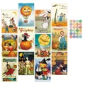Detail of 12 vintage Halloween postcards featuring witches, skeletons and black cat patterns - Retro Illustration Style (QT1462-1) / 12 Sheets