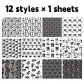Détail de 12 feuilles de papier scrapbooking aux motifs nœuds et cerises en noir et blanc - Style Nœud Noir et Blanc (QT1446-1)