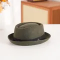 Deep olive green vintage wool pork pie hat with black ribbon and silver metal crest - 58cm / Crown Style / Olive Green