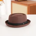 Retro dark brown wool pork pie hat with black ribbon and metallic pin detail - 58cm / Crown Style / Coffee