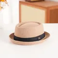 Classic khaki wool pork pie hat with black ribbon and metallic pin detail for winter - 58cm / Crown Style / Khaki