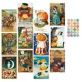 Set of 12 vintage Halloween postcards featuring classic pumpkin, witch, and black cat designs - Retro Illustration Style (QT1462-2) / 12 Sheets