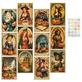Set of 11 vintage Halloween art cards with 24 colorful round adhesive stickers - Vintage Halloween Witch Illustration Style (QT1454)