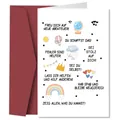 Tarjeta de felicitación alemana motivadora con iconos y sobre rojo oscuro - Tema de Motivos Inspiradores Alemán (QT1421-5)