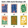 Flat lay of 12 Matisse style cards and brown kraft envelopes in a neat grid layout - Artistic Geometric Style (QT1532-2)