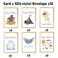 Set of 12 Halloween cards with 6 designs featuring watercolor black cats and pumpkins - Greeting Cards and Envelopes Set (QT1501)