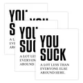 Detail of 4 funny Christmas wine bottle labels with humorous quote on white cardstock - You Suck Less Style (QT1516-3) / 4pcs